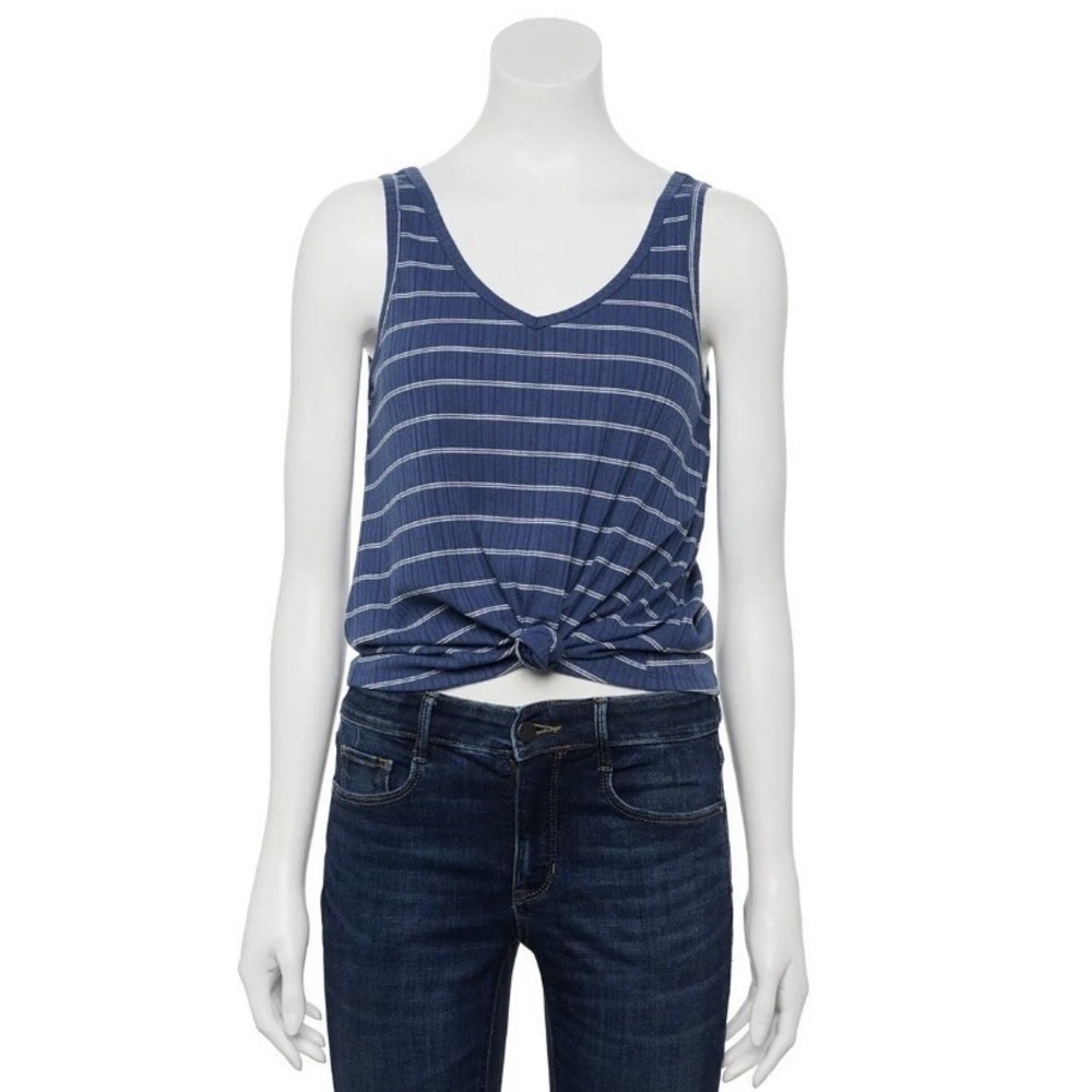 So Juniors Double V Neck Tank Top XL New with Tags Knotted Front Blue Striped